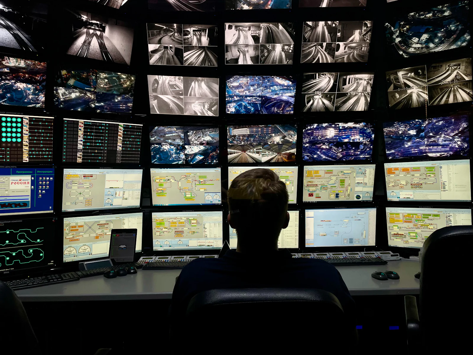 Operator watching CCTV feeds on a video wall